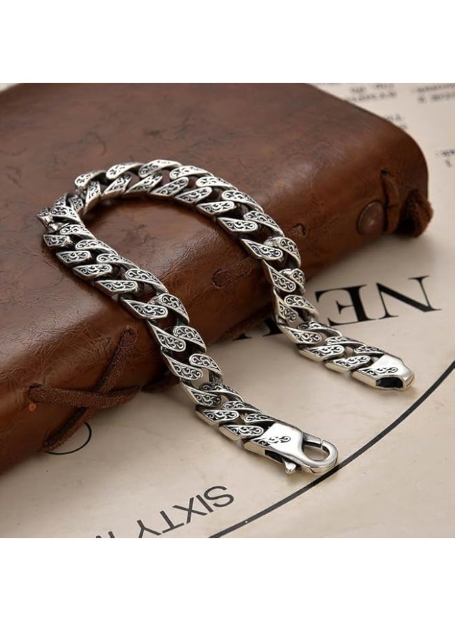 SHOWDAY Men’s Stainless Steel Chain Bracelet, Engraved Cuban Link Silver Tone Bracelet for Men, Heavy Duty Clasp, Vintage Punk Biker Jewelry Gift - Image 3